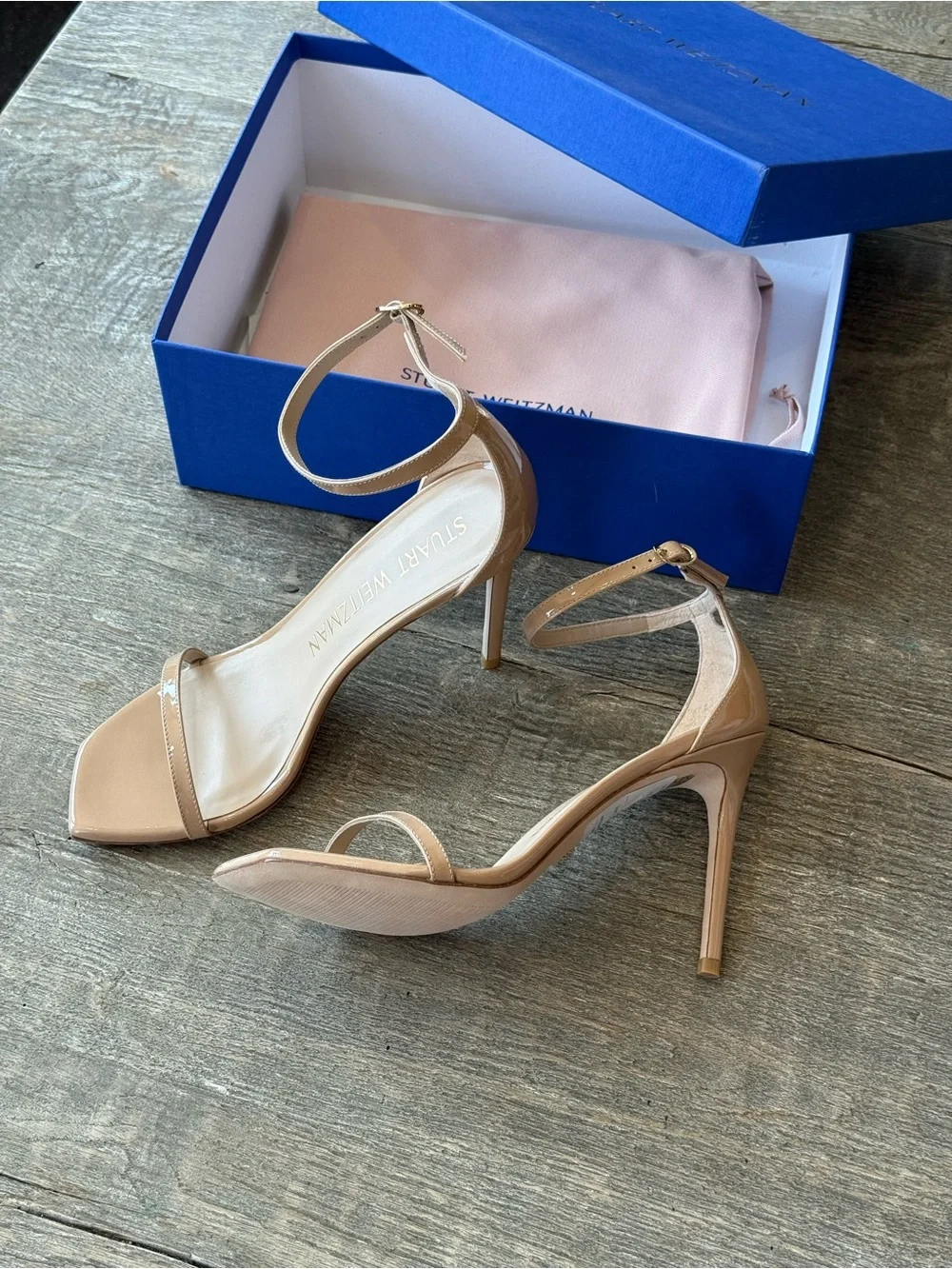 Stuart Weitzman Patent Nude Ankle-Strap Sandals